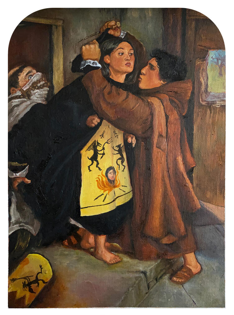 The Escape of a Heretic (after Millais) — 2023, Oil on canvas